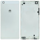 Tapa trasera original Huawei P8 plateada, repuesto para reparación, con detalles de cámara y logo.