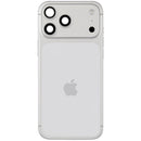 Tapa trasera plateada usada para iPhone 17 Pro Max A3295 con puerto de carga flex y piezas pequeñas, lista para reparación.