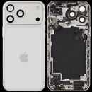 Tapa trasera plateada usada para iPhone 17 Pro Max A3295 con puerto de carga flex y piezas pequeñas, lista para reparación.