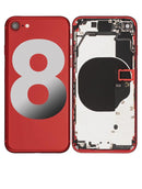 Tapa trasera roja para iPhone 8 (A1863, A1905, A1906) sin logo, con pequeños componentes preinstalados.