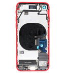 Tapa trasera roja para iPhone 8 (A1863, A1905, A1906) sin logo, con pequeños componentes preinstalados.