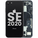 Tapa trasera negra OEM para iPhone SE 2020 (A2275), grado C, con puerto de carga y componentes preinstalados.