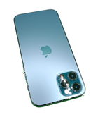 iPhone 12 Pro azul seminuevo, 128GB, con pantalla encendida mostrando la interfaz de iOS, salud de batería 100%.