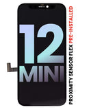 Pantalla OLED original para iPhone 12 Mini (A2176, A2398) con flex de sensor de proximidad preinstalado, lista para reparación.