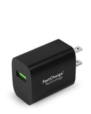 Cargador de pared PowerPeak negro de 18W con cable USB-A a USB-C de 6 pies, ideal para carga rápida de celulares.