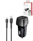 Cargador de auto PowerPeak negro con doble puerto USB-A y cable de 4 pies. Carga rápida de 12W para accesorios celulares.