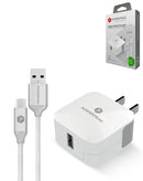 Cargador de pared USB-A blanco de 12W con cable USB-A a Micro-USB negro, ideal para carga de dispositivos.