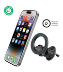 Soporte magnético PowerPeak para auto con base de ventosa, ideal para smartphones.