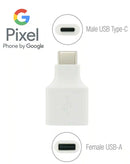 Adaptador USB-A a USB-C original de Google Pixel, color blanco, para carga y transferencia de datos.