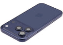 Tapa trasera usada iPhone 17 Pro azul profundo con puerto de carga y piezas pequeñas, versión global.