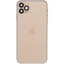 Tapa trasera dorada usada para iPhone 11 Pro Max (A2161, A2218, A2220) con puerto de carga y piezas pequeñas para reparación.