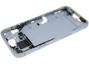Marco medio iPhone 15 Plus azul usado, chasis A2847 con pequeñas piezas para reparación.