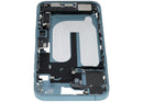 Chasis mid-frame iPhone 16 Plus A3082 A3289 A3290 A3291, refurbished teal con puerto de carga y piezas pequeñas.