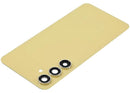 Tapa trasera de vidrio amarillo para Samsung Galaxy S24 FE con lente de cámara, repuesto aftermarket.