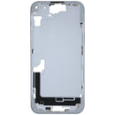 Marco medio iPhone 15 Plus azul usado, chasis A2847 con pequeñas piezas para reparación.