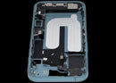 Marco medio de iPhone 16 usado en color teal con puerto de carga, ideal para reparación de pantalla rota.