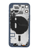 Tapa trasera azul iPhone 12 Mini con componentes pequeños preinstalados, sin logo, BajoPPLCD.