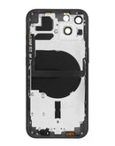 Tapa trasera Midnight para iPhone 13 con componentes pequeños preinstalados, ideal para reparación y reemplazo.