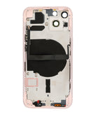 Tapa trasera rosa para iPhone 13 (International) con componentes pequeños preinstalados, ideal para reparación de partes.