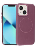 Funda de cuero magnética SlowBack para iPhone 13 Mini color púrpura atardecer, con bordes elevados para protección.