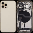 Tapa trasera dorada usada para iPhone 12 Pro (A2407) con puerto de carga y pequeñas piezas.