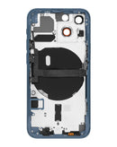 Tapa trasera azul iPhone 13 Mini con componentes pequeños preinstalados para reparación y reemplazo.