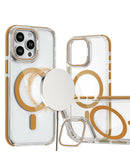 La funda transparente magnética con soporte tipo kickstand para iPhone 13 Pro Max en color Desert Gold disponible en Xela Quetzaltenango.