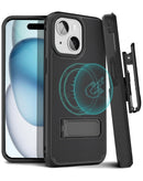 Funda híbrida negra de doble capa para iPhone 13/14 con clip de cinturón, protección robusta.