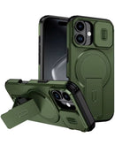 Estuche verde magnético para iPhone 13/14 con lente push slide y soporte trasero.