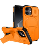 Funda magnética deslizante naranja para iPhone 13/14 con soporte, protege y facilita la visualización.