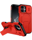 Funda magnética roja para iPhone 13/14 con lente deslizante y soporte, protección duradera SlowBack.