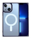 Funda transparente con carga inalámbrica para iPhone 13/14, bordes cuadrados morados, protección duradera y elegante.