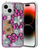 Funda rígida de silicona rosa para iPhone 14, diseño Crystal Flower Perfume, protección elegante y duradera.
