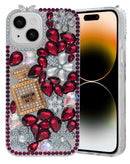 Funda de silicona dura Crystal Flower Perfume roja para iPhone 14, diseño floral elegante y protección.