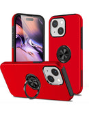 Case rojo de doble capa para iPhone 13/14 con anillo magnético, soporte giratorio y protección robusta.