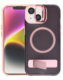 Funda rosa mate transparente para iPhone 13/14 con soporte de cámara y carga inalámbrica.