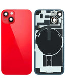 Tapa trasera roja original con marco y magnet MagSafe para iPhone 14, ideal para reparación.