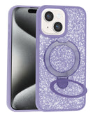 Funda Sparkle Luxury lila para iPhone 13/14 con purpurina, soporte magnético y anillo giratorio.