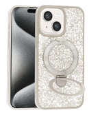 Funda slim Sparkle blanca de lujo para iPhone 13/14 con soporte magnético integrado, brillo sutil.
