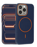 Case de cuero magnético azul marino y naranja para iPhone 14 Pro Max. Protección elegante y funcional para tu teléfono.