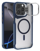Funda transparente mate azul para iPhone 14 Pro Max, compatible con carga inalámbrica, mostrando botones laterales.