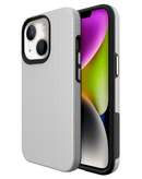 Funda protectora plateada de doble capa con absorción de impactos para iPhone 13, 14, 16e y 17e.