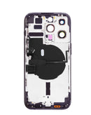 Tapa trasera Deep Purple para iPhone 14 Pro, con componentes y piezas preinstaladas lista para reparación.