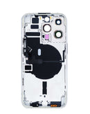 Tapa trasera plateada para iPhone 14 Pro con botones, lente de cámara y piezas pequeñas preinstaladas.
