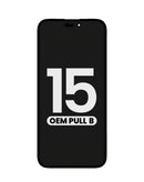 Pantalla OLED iPhone 15 OEM B Grade con cable flex y sensor de luz para reparación.