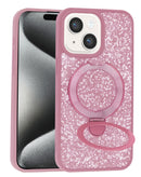 Case Sparkle Luxury Slim rosa para iPhone 13, con brillo, soporte plegable magnético y protección de lente.