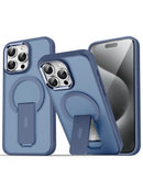 Case magnético transparente azul para iPhone 13/14/15/16E/17E, con soporte integrado y protección SlowBack.