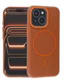 Funda de cuero suave magnética color marrón dorado para iPhone 14 Plus o iPhone 15 Plus, protección elegante.
