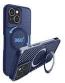 Funda magnética protectora azul marino para iPhone 15/14 Plus con soporte de anillo giratorio 360 grados.