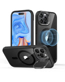 Funda MagSafe negra para iPhone 15 Pro con soporte trasero para cámara, protección y agarre.